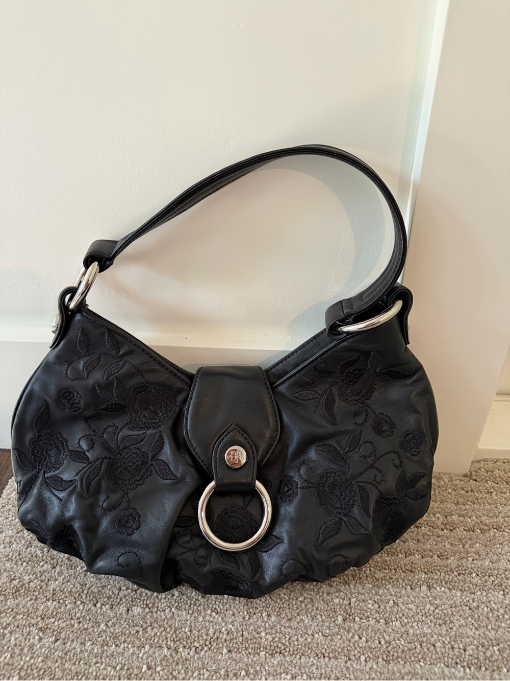 Donald J Pliner Black Cachet Embroidered Lamb/Lamb Touch shoulder bag